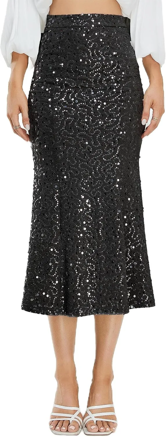 Women's Sequin Skirt Sparkle Stretchy Bodycon Midi Mermaid Skirt Formal Skirts Night Out Party Silver